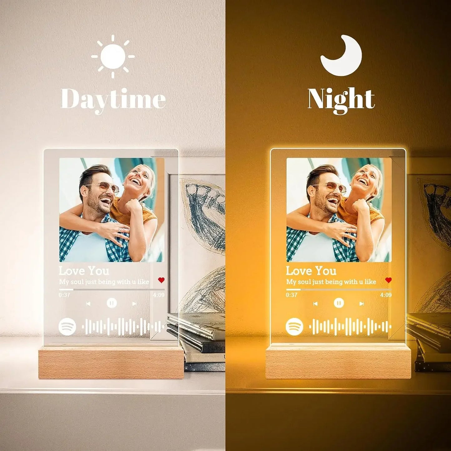Personalized Anniversary Couples Mother's Day Gifts for Women Men 7 Colors Heart Picture Frame Acrylic Plaque with Night Light