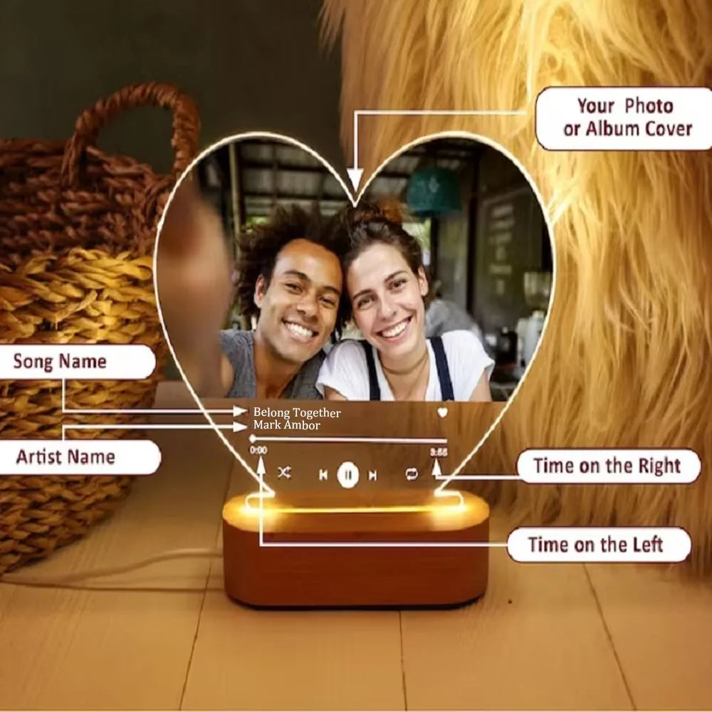 Personalized Anniversary Couples Mother's Day Gifts for Women Men 7 Colors Heart Picture Frame Acrylic Plaque with Night Light