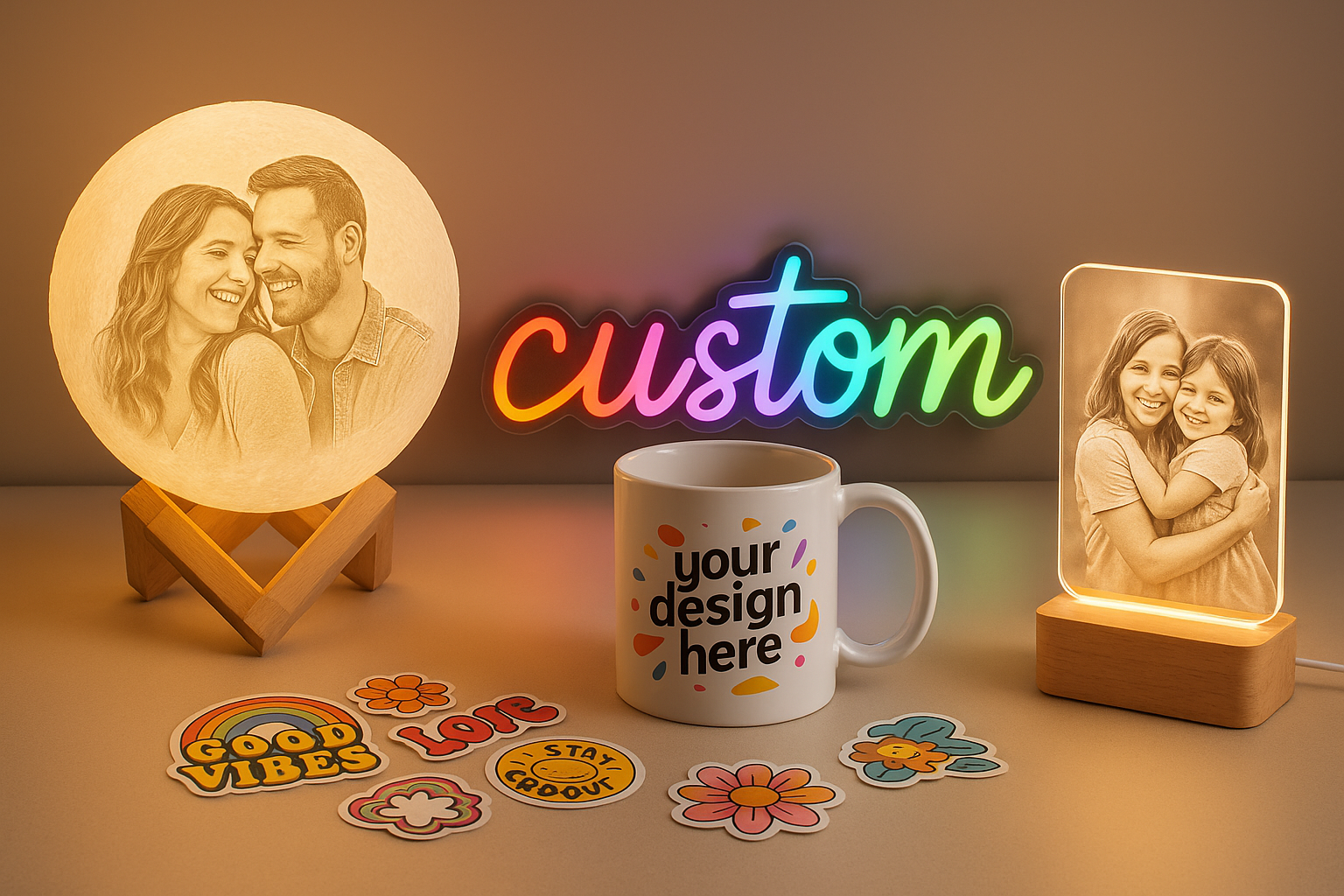 moon lamp with photo, custom neon sign, custom mug custom stickers, small custom acrylic led photo lamp with light